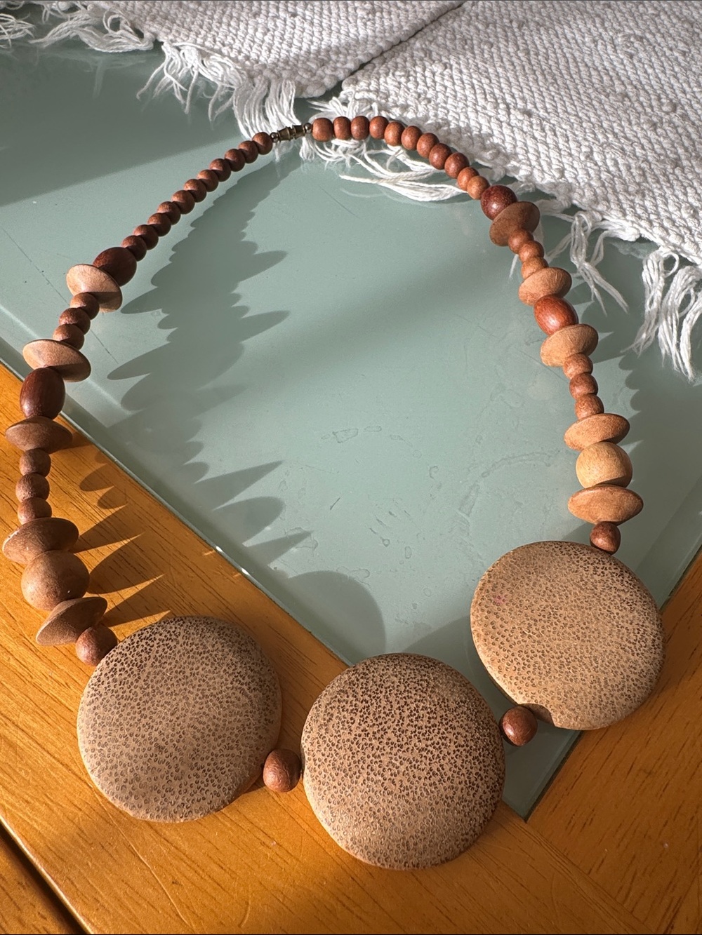 Brown Tan Vintage Wooden Disk Bead Necklace for Women